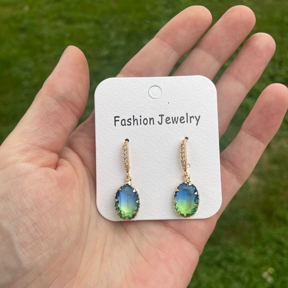 Green Blue Ombré CZ Hook Earrings Copper Alloy Seattle Seahawks Colors - Picture 3 of 5